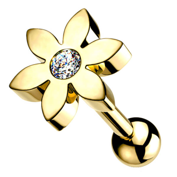 Ohrpiercing Barbell Blume mit Kristall Goldfarben